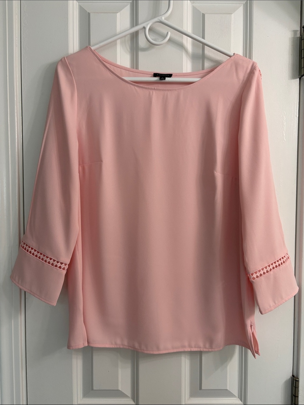 Talbots Light Pink Boatneck Blouse with Crochet Trim on Sleeves